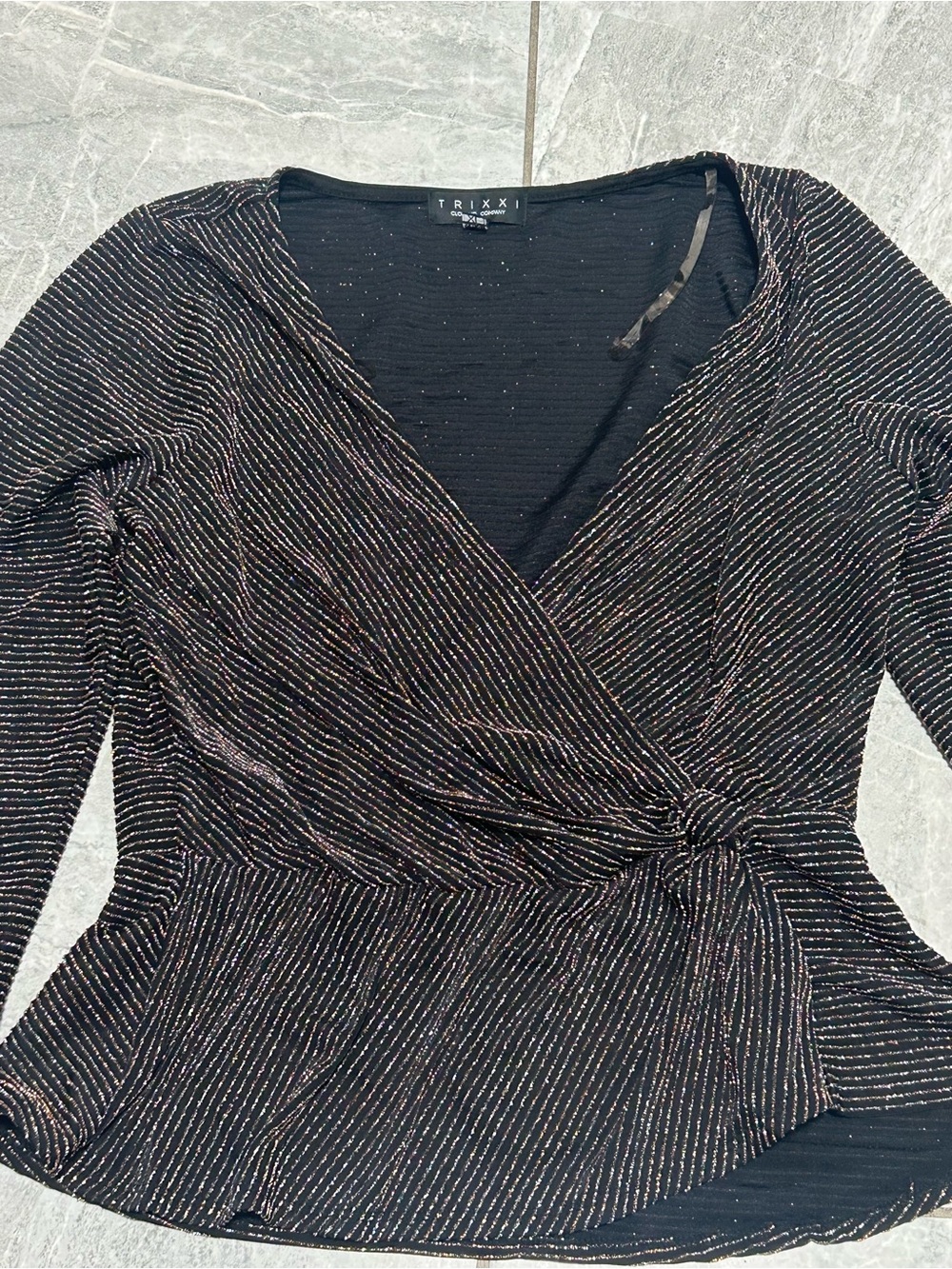 Trixxi Black Metallic Glitter Wrap Top Women’s XL Party Blouse - Picture 4 of 6